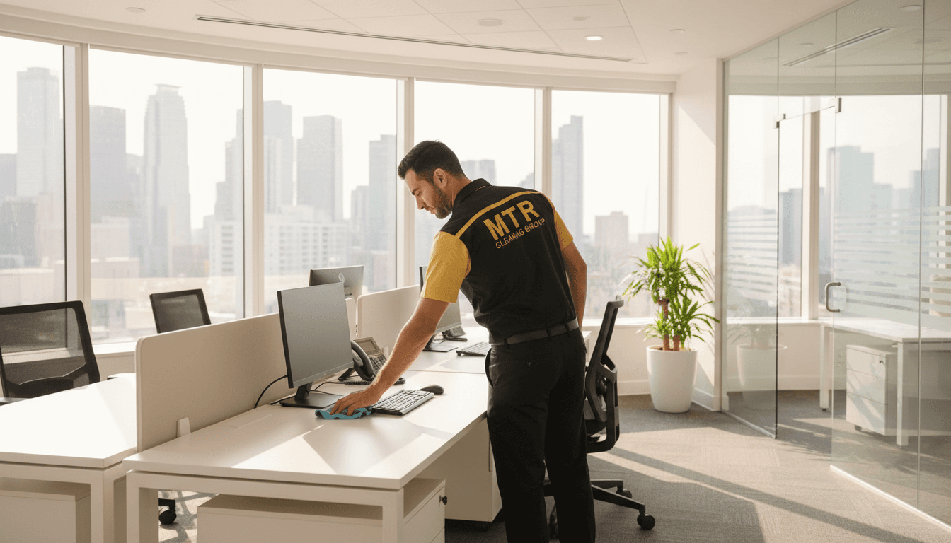 A clean, bright commercial office space with a professional cleaner in the background