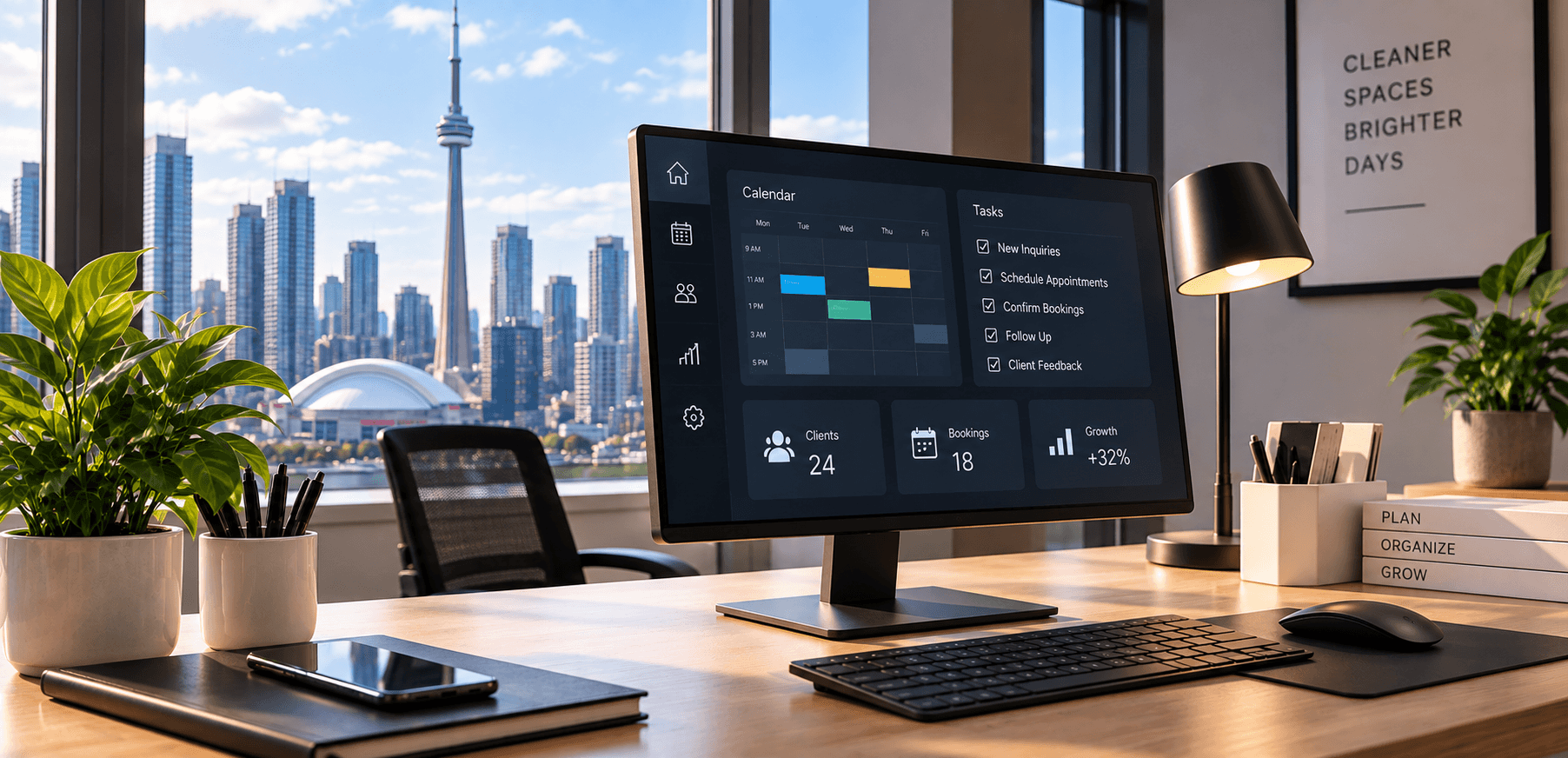 Modern office desk with a business dashboard monitor overlooking the Toronto skyline through a window.