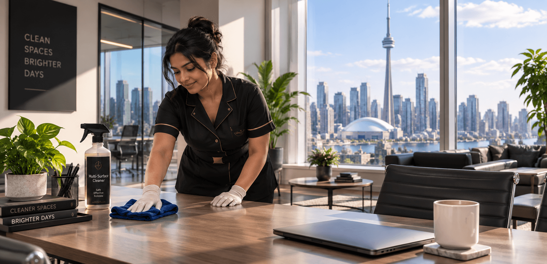 Professional cleaner wiping a wooden desk in a high-rise office overlooking the Toronto skyline.