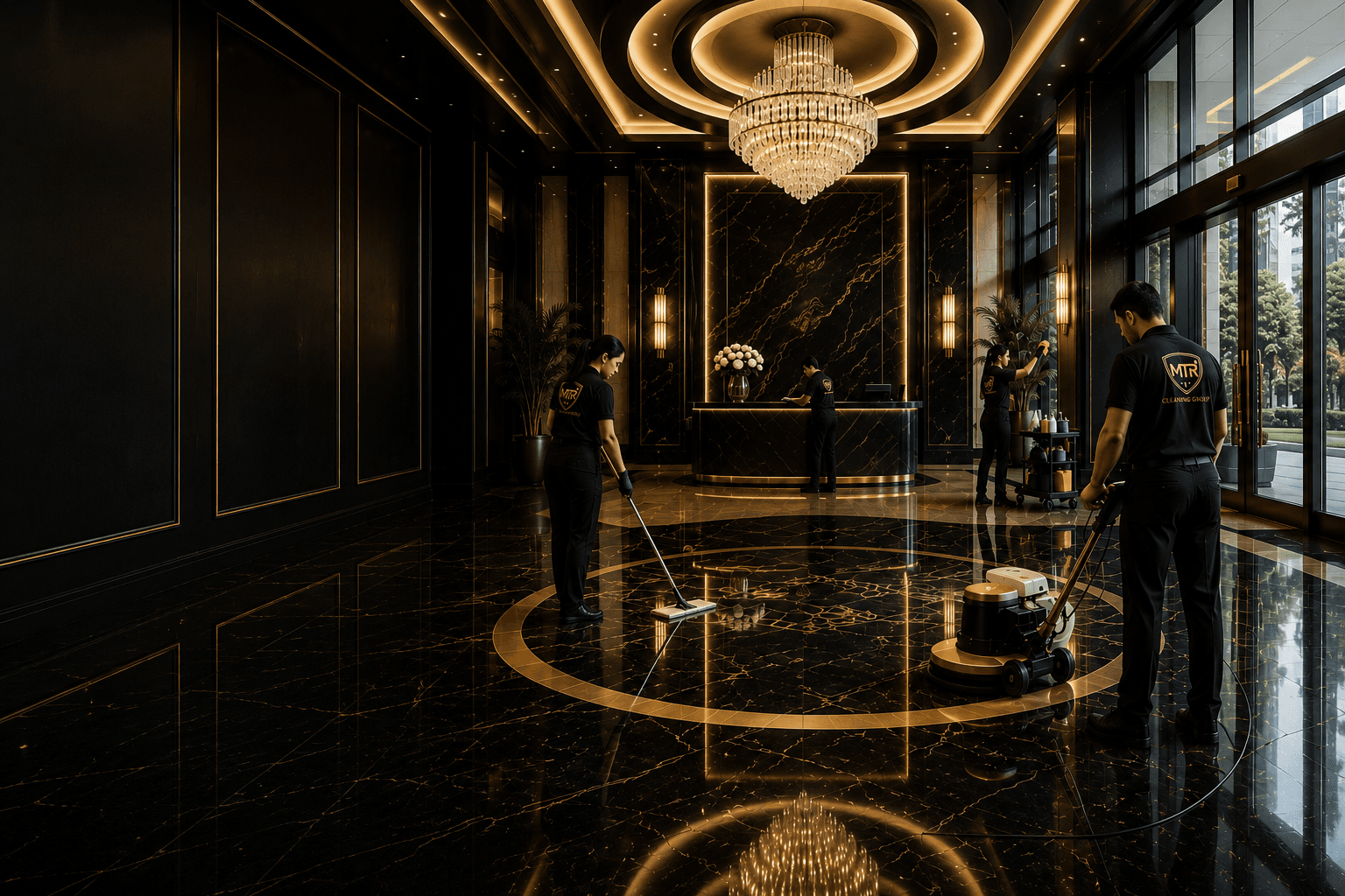 Professional cleaning staff polishing a luxurious black marble lobby with gold accents and a chandelier.